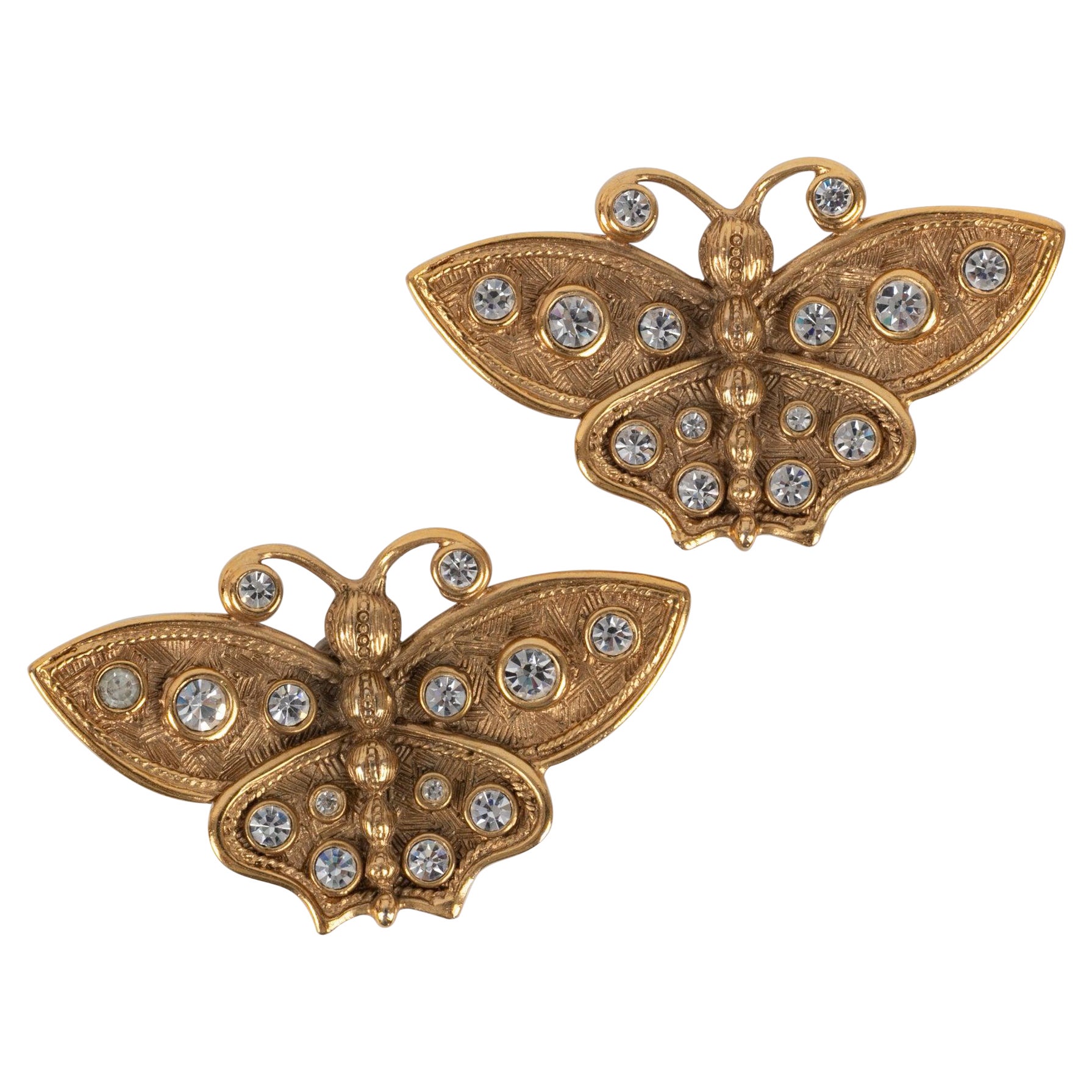 Christian Dior "Butterflies" Golden Metal and Rhinestone Earrings