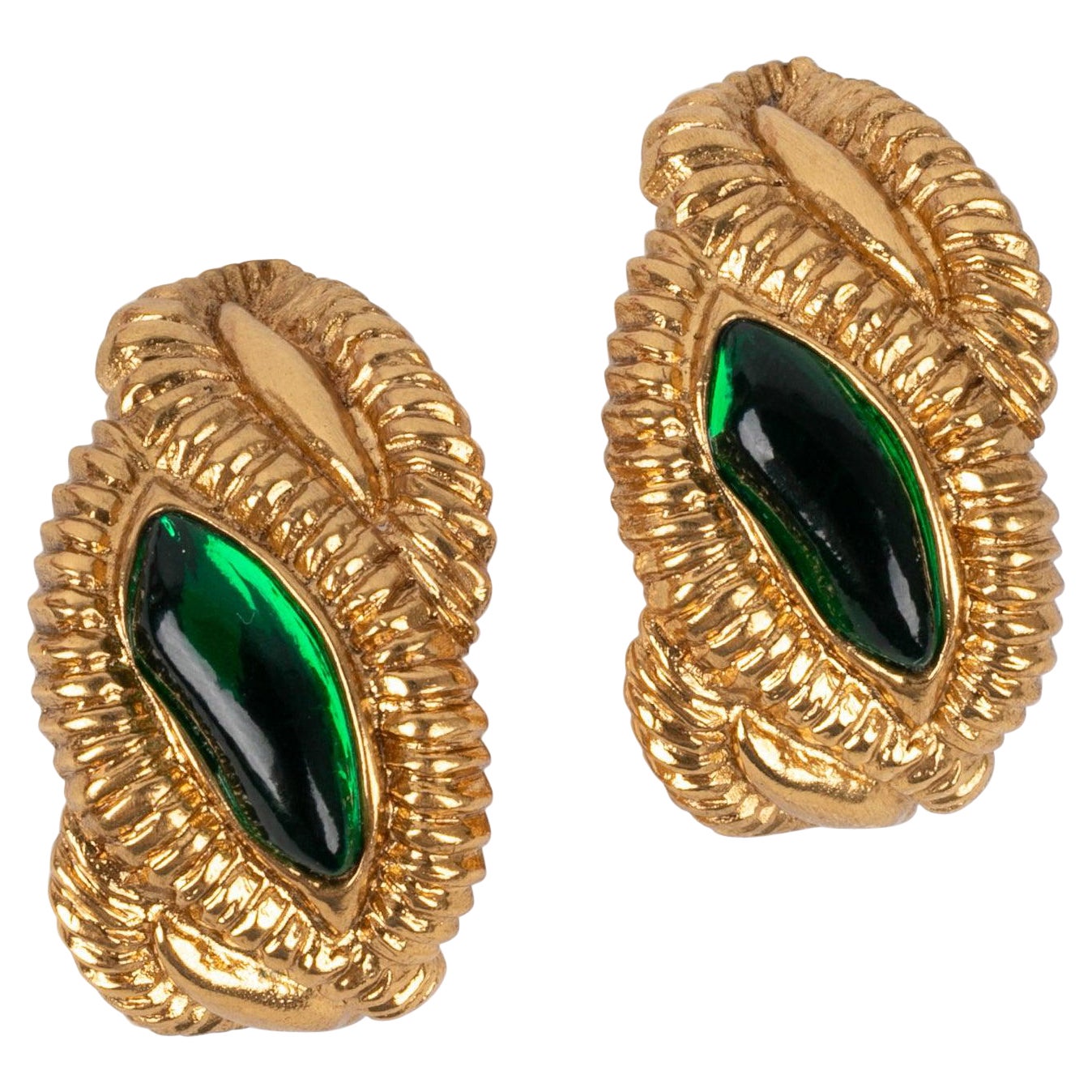 Scherrer Golden Metal and Green Resin Clip-on Earrings For Sale