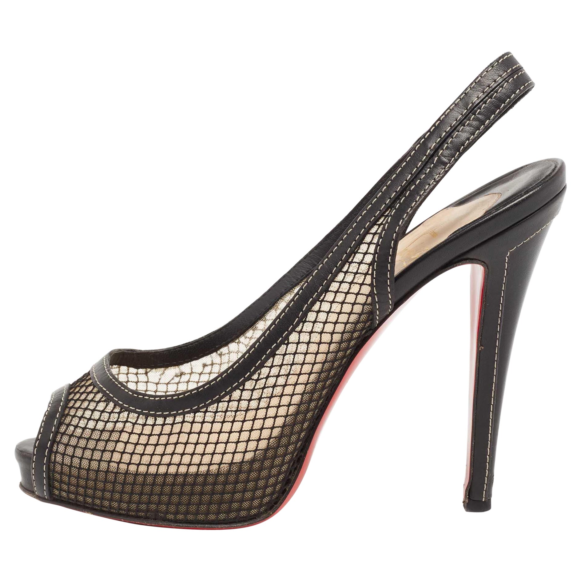 Christian Louboutin Black Fishnet and Leather Canne A Peche Slingback Peep-Toe P For Sale