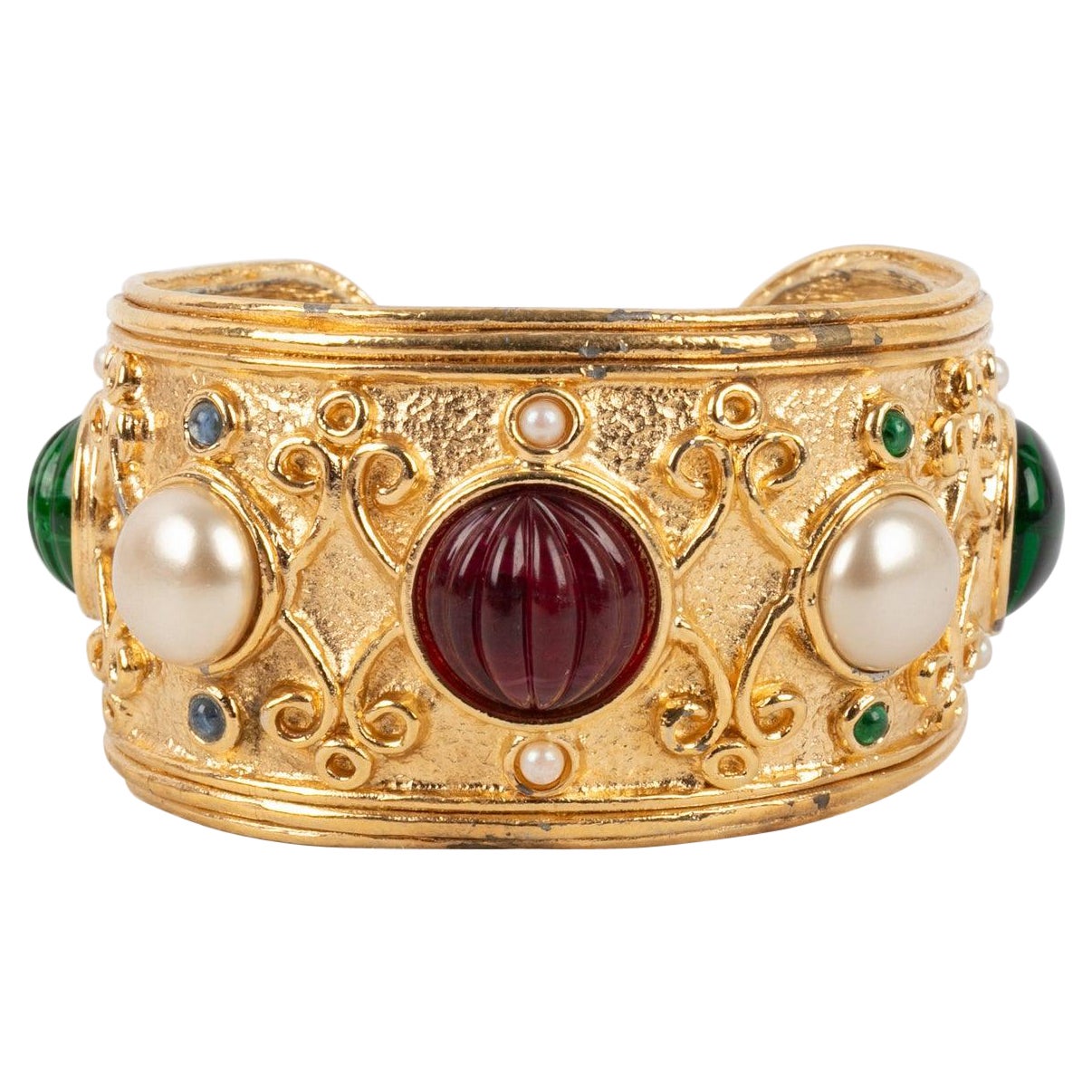 Christian Dior Golden Metal Bracelet Ornamented with Pearls and Glass Paste For Sale