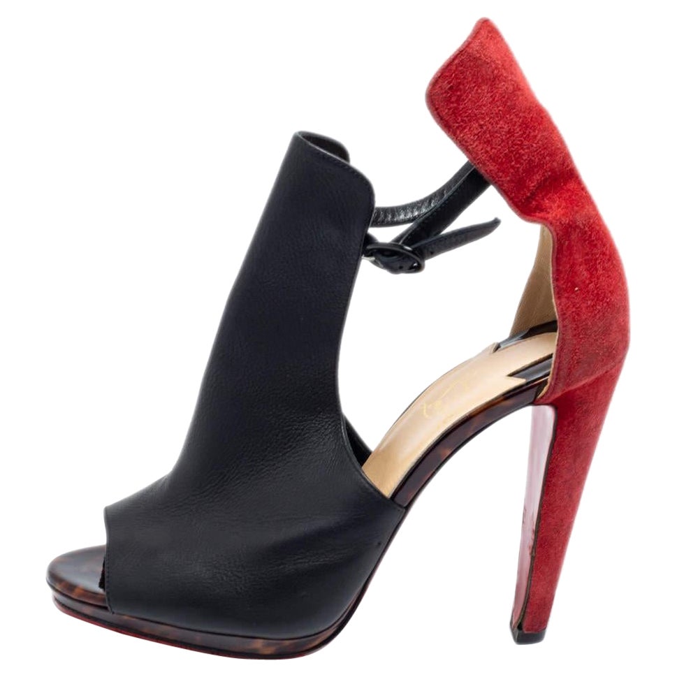 Christian Louboutin Black/Red Suede And Leather Barabara Cutout Ankle Boots Size For Sale