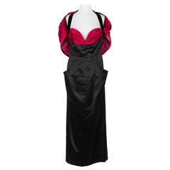 Christian Dior Rotes und schwarzes langes Seiden-Satin-Kleid