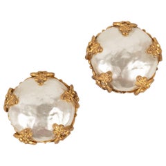 Vintage Chanel Golden Metal Earrings with Costume Pearly Cabochons