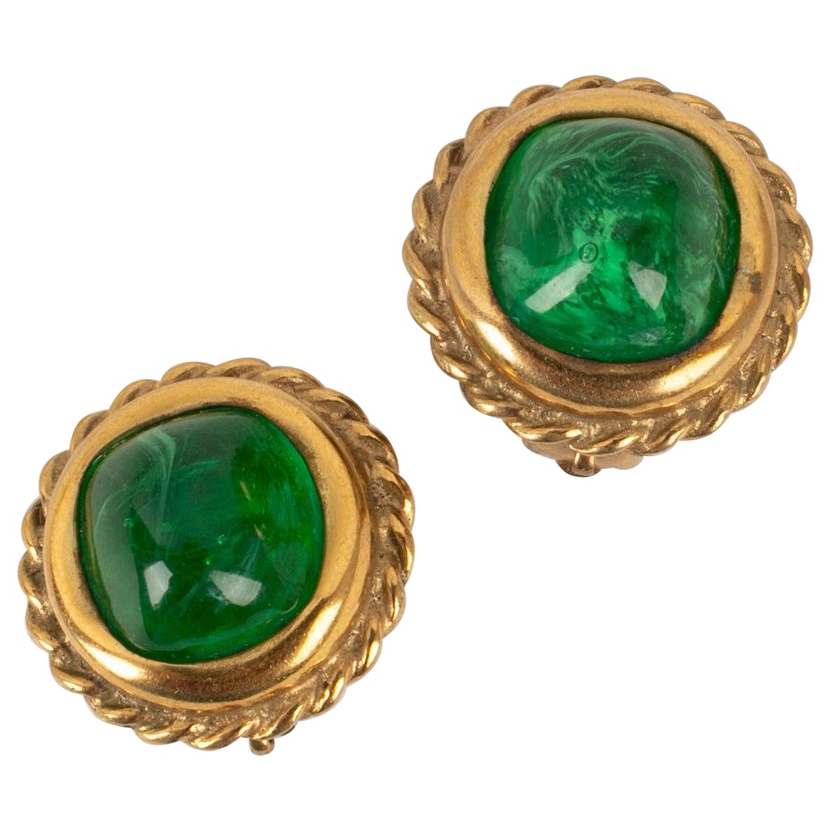 Chanel Golden Metal Earrings with Glass paste Cabochons For Sale