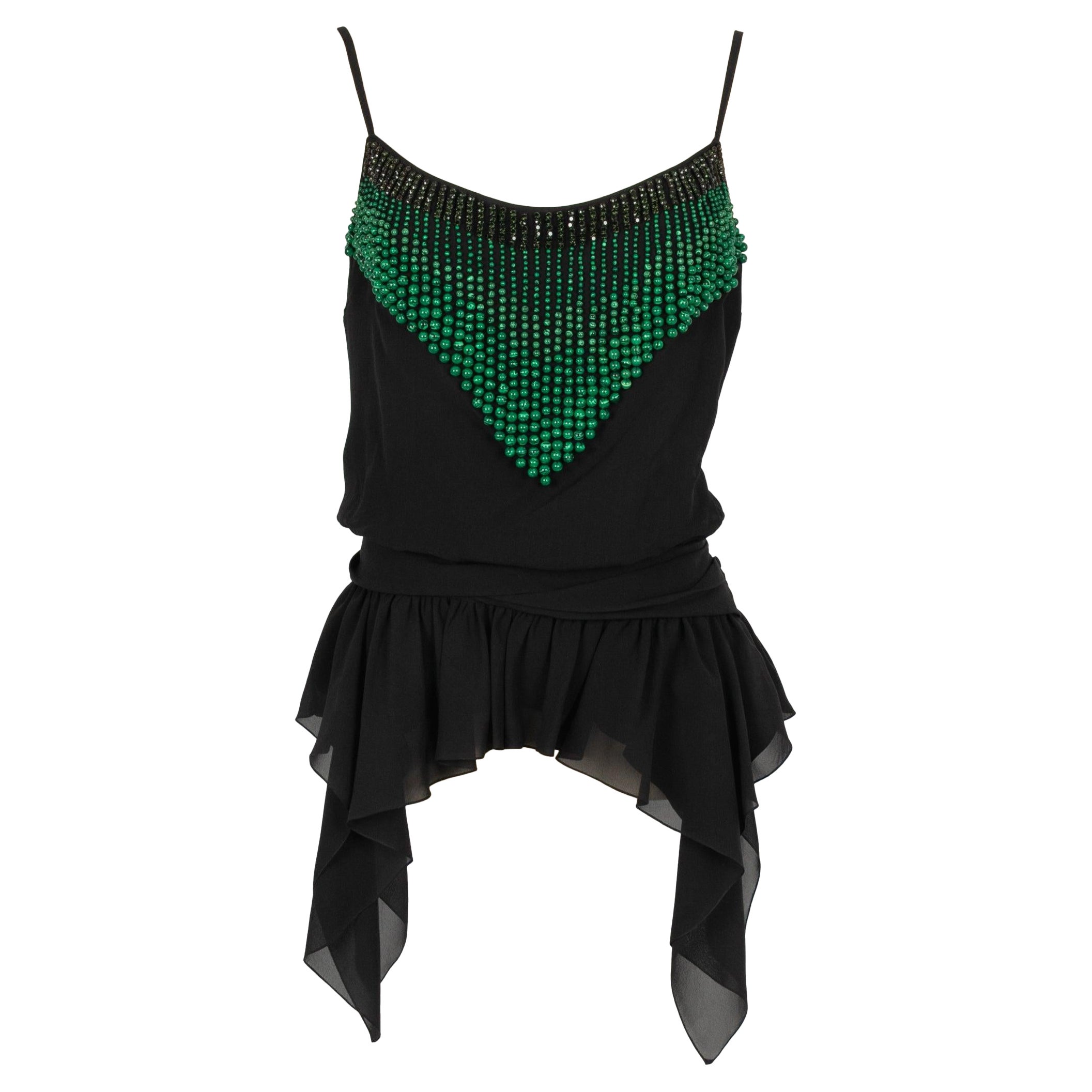 Galliano Black Top Ornamented with Pearl and Green Rhinestones