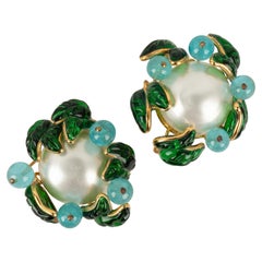 Chanel Golden Metal Earrings with Glass Paste and Pearly Cabochons