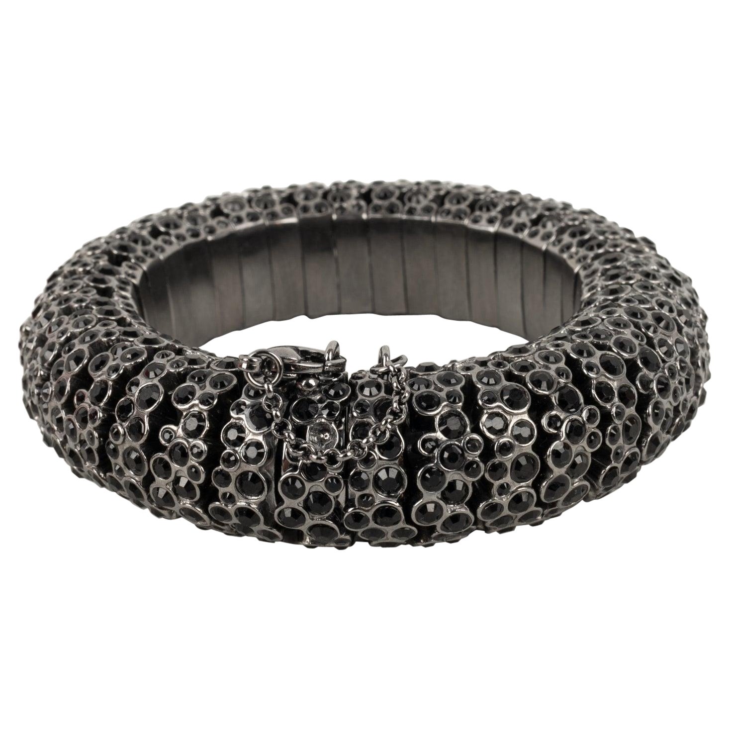 Celine Dark-silvery Metal Bracelet, Ornamented with Black Rhinestones For Sale