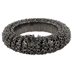 Celine Dark-silvery Metal Bracelet, Ornamented with Black Rhinestones