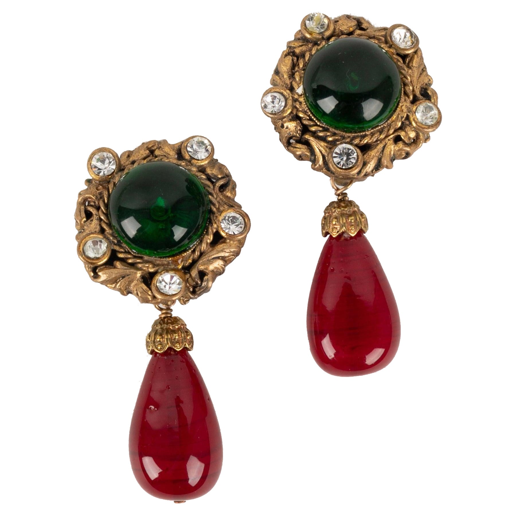 Chanel Golden Metal Earrings with Rhinestones and Glass Paste For Sale