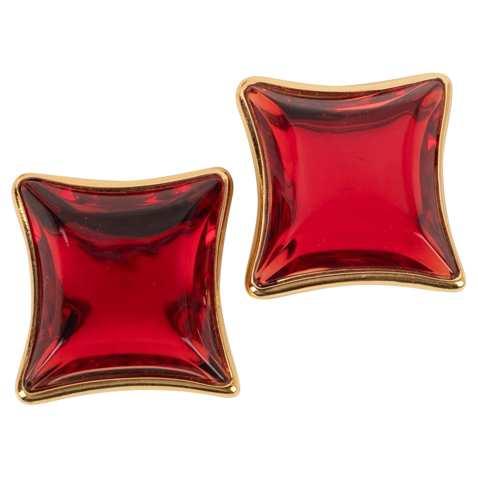 Yves Saint Laurent Golden Metal Earrings with Red Resin For Sale