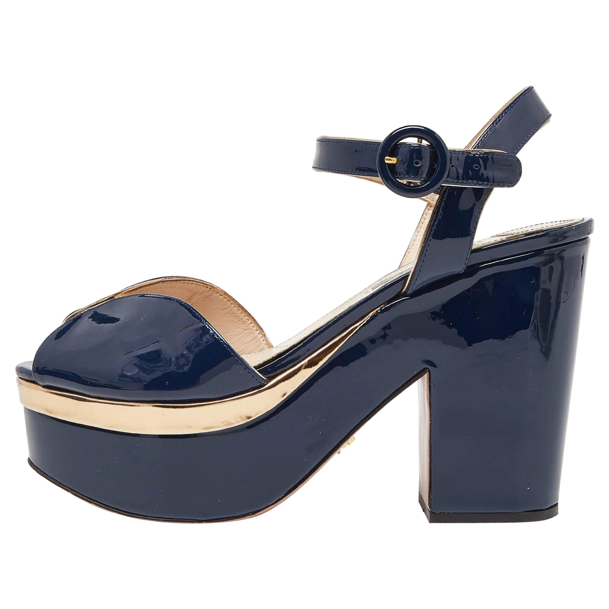 Prada Navy Blue Patent Leather Platform Ankle Strap Sandals Size 38.5