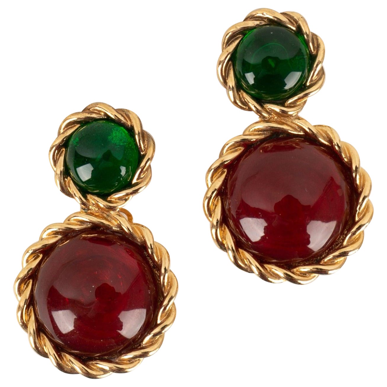 Chanel Golden Metal Earrings with Glass-Paste Cabochons For Sale