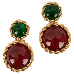 Vintage Chanel Golden Metal Earrings with Glass-Paste Cabochons