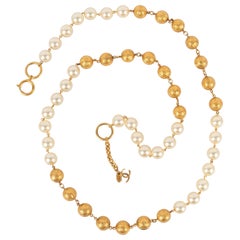 Chanel Costume Pearl Necklace with Engraved Golden Metal Pearls