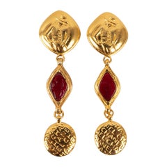 Chanel Golden Metal Earrings with Red Glass Paste