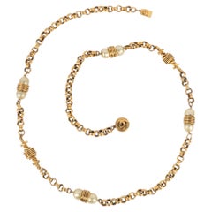 Retro Chanel Golden Metal Necklace with Costume Pearls, 1980s