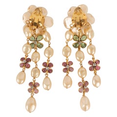 Chanel Camellia Golden Metal Earrings with Costume Pearls and Rhinestones