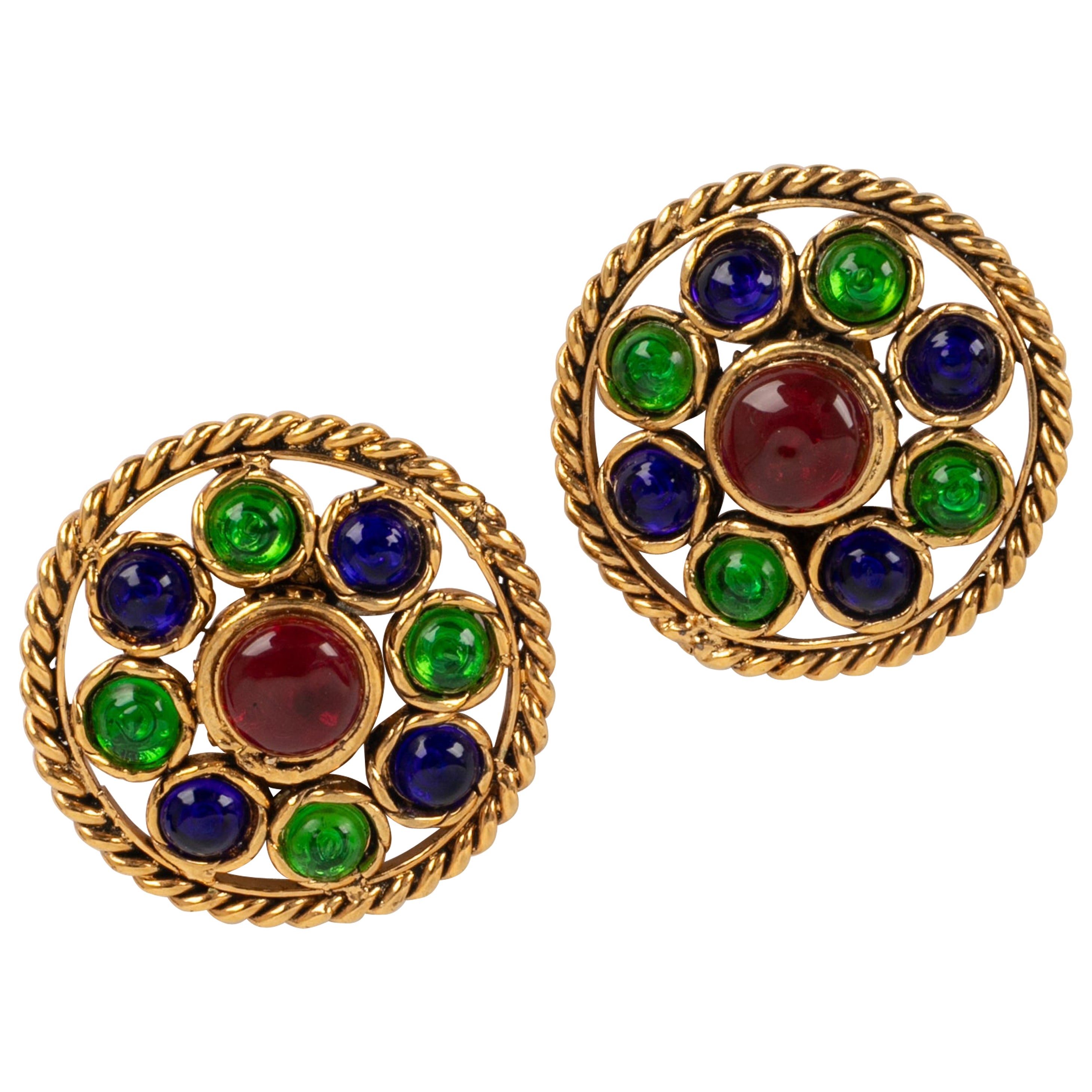 Chanel Golden Metal Openwork Earrings with Glass Paste For Sale