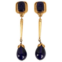 Chanel Golden Metal Earrings with Midnight Blue Glass Paste, 1994
