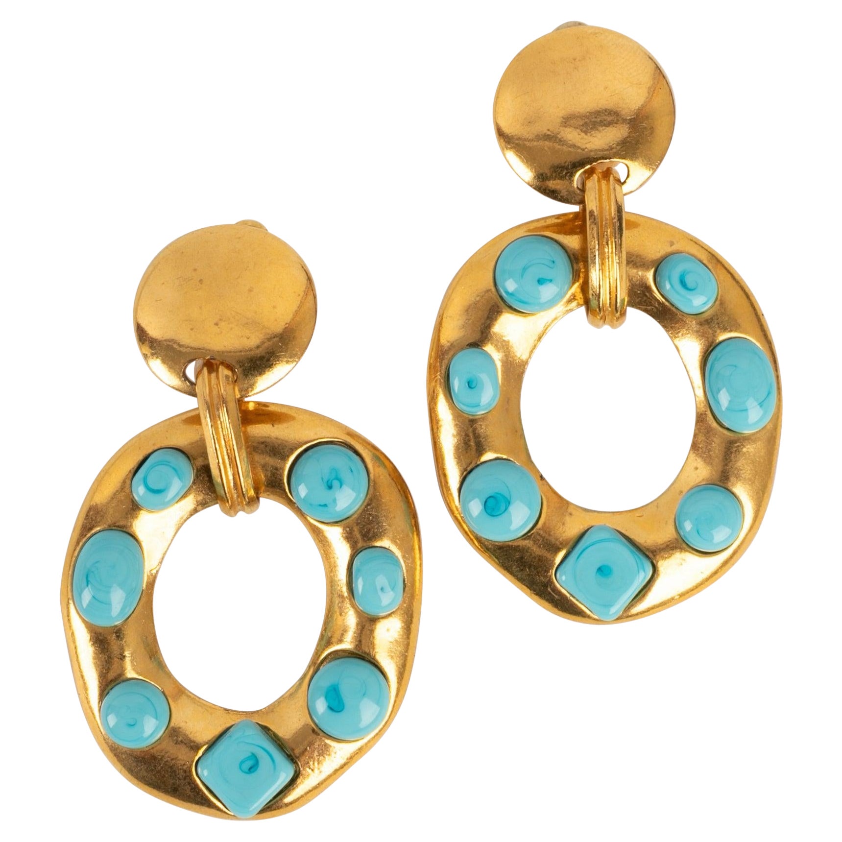 Chanel Golden Metal Earrings with Blue Glass Paste, 1993 For Sale