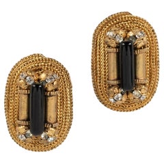 Chanel Golden Metal Earrings with Central Black Glass Paste by Rousselet