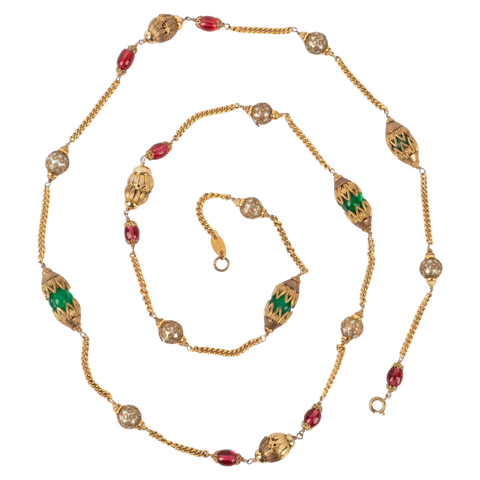 Chanel Goldene Metall-Halskette / Sautoir mit Glasperlen im Angebot