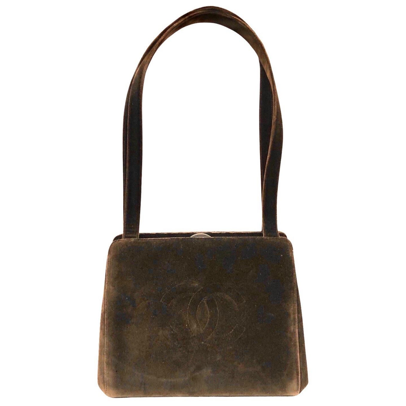 Chanel 28cm Brown Velvet CC Shoulder bag For Sale