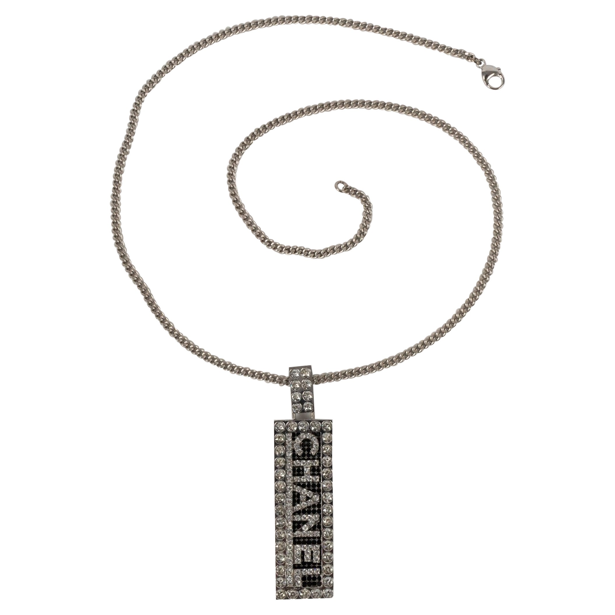 Chanel Silvery Metal Necklace with a Swarovski Rhinestone Pendant, Fall 2003 For Sale