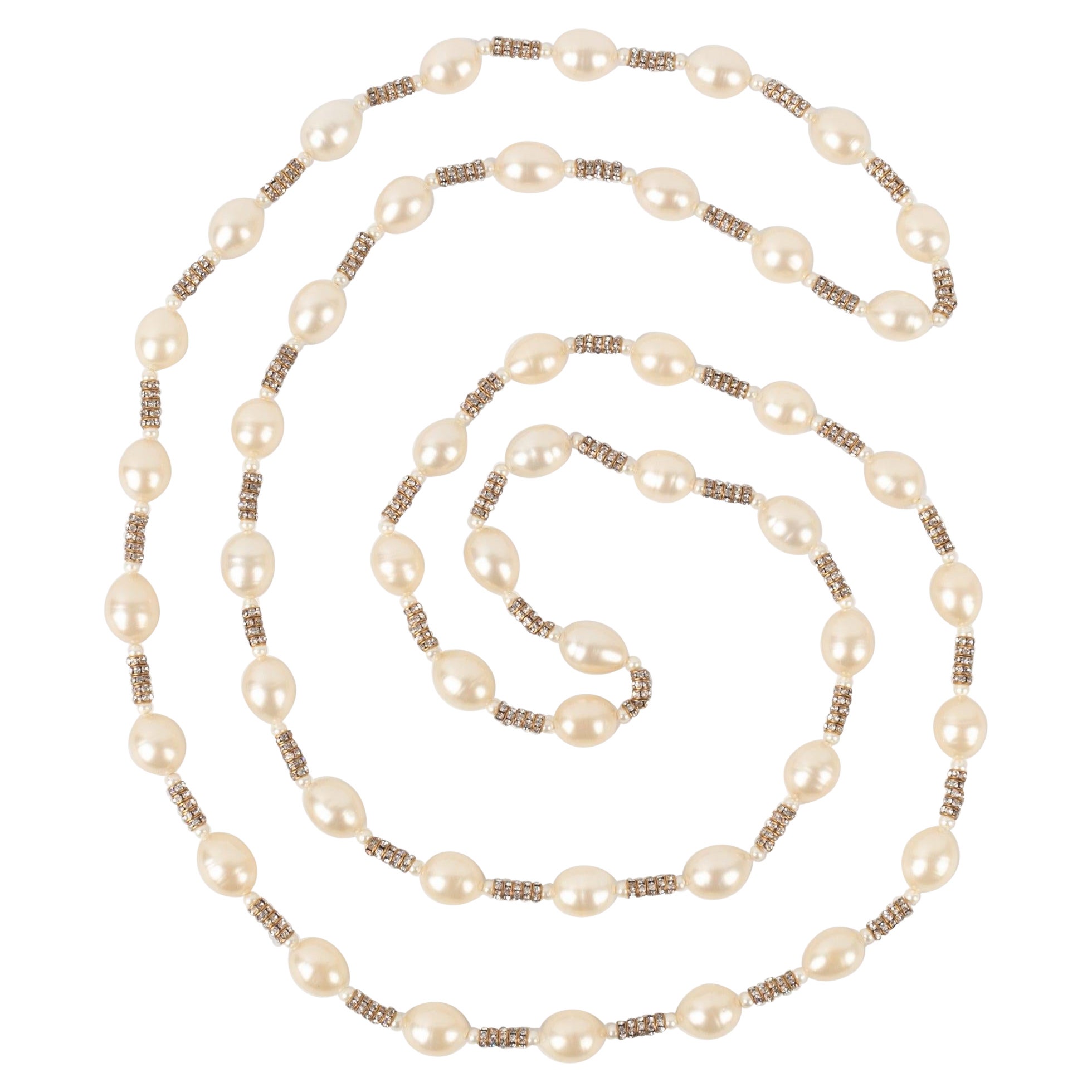 Chanel Costume Pearl Sautoir/ Necklace  with Golden Metal Rhinestone, 1990s For Sale