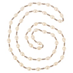 Retro Chanel Costume Pearl Sautoir/ Necklace  with Golden Metal Rhinestone, 1990s