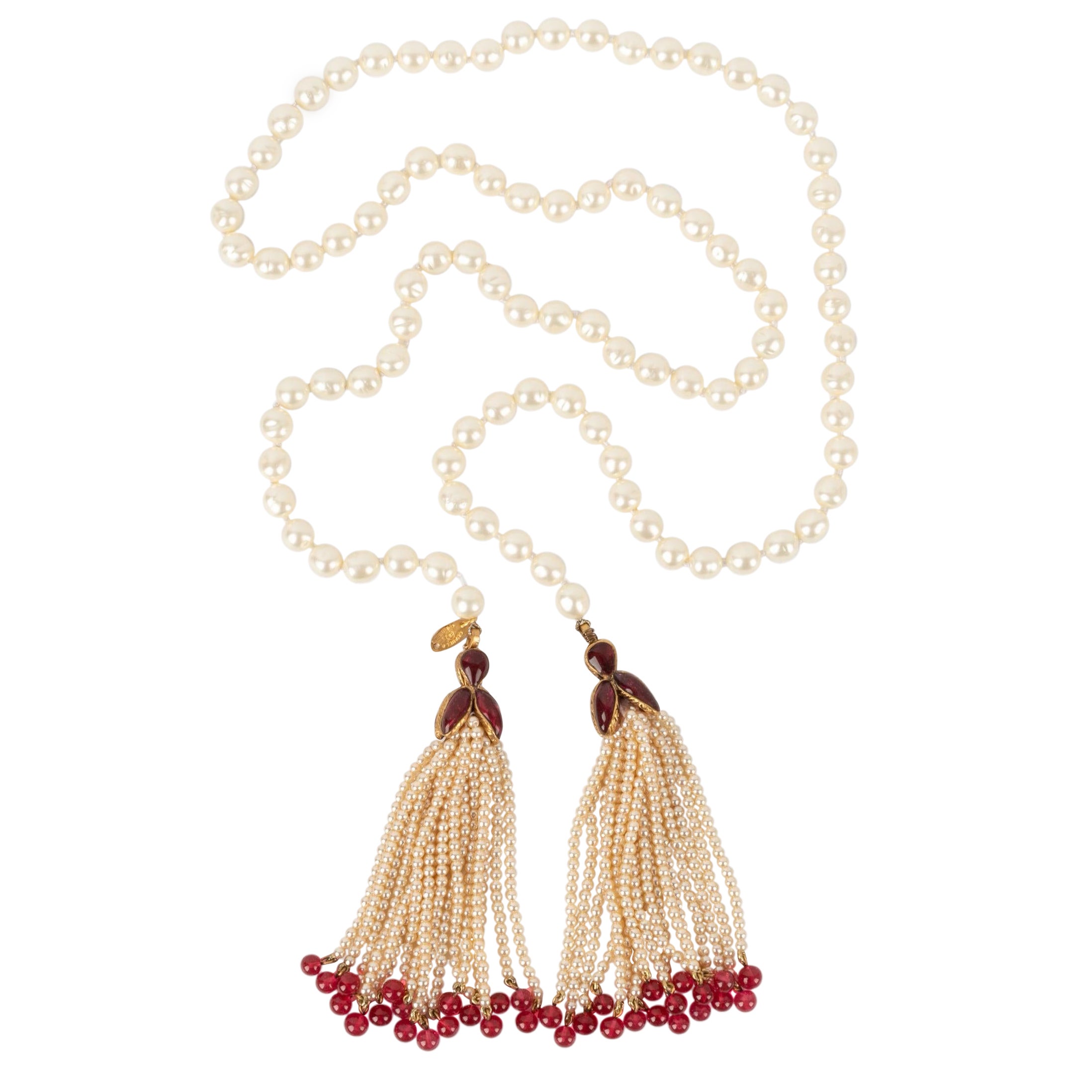Chanel Tie Necklace with Knot Assembled Costume Pearls, 1983 For Sale