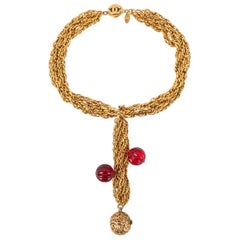 Vintage Chanel Golden Metal Necklace with Red Pearls, 1984