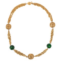 Vintage Chanel Golden Metal Necklace with Green Pearls, 1984