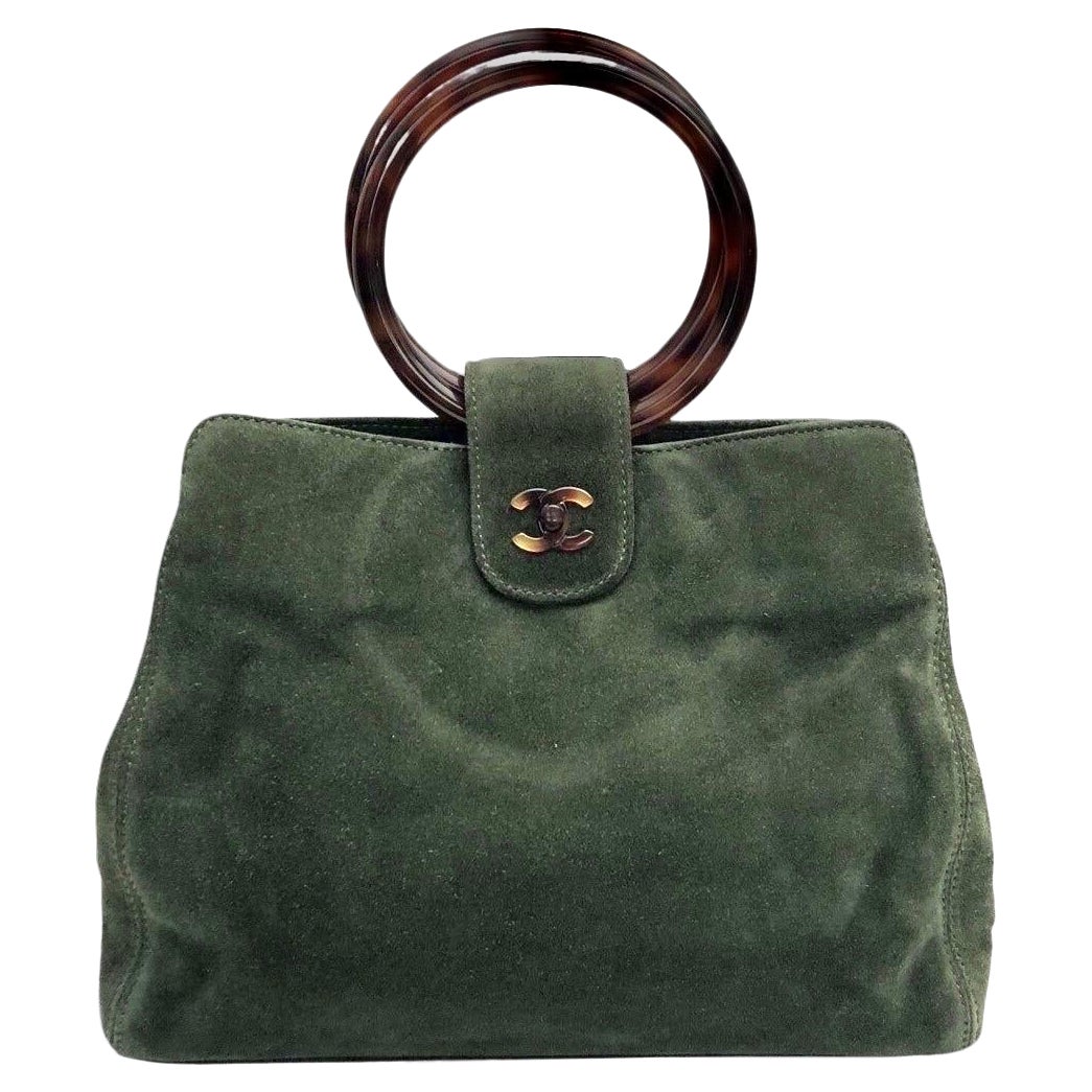 Chanel 29cm Green Suede Tortoiseshell Handle Handbag For Sale