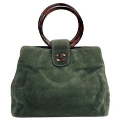 Vintage Chanel 29cm Green Suede Tortoiseshell Handle Handbag