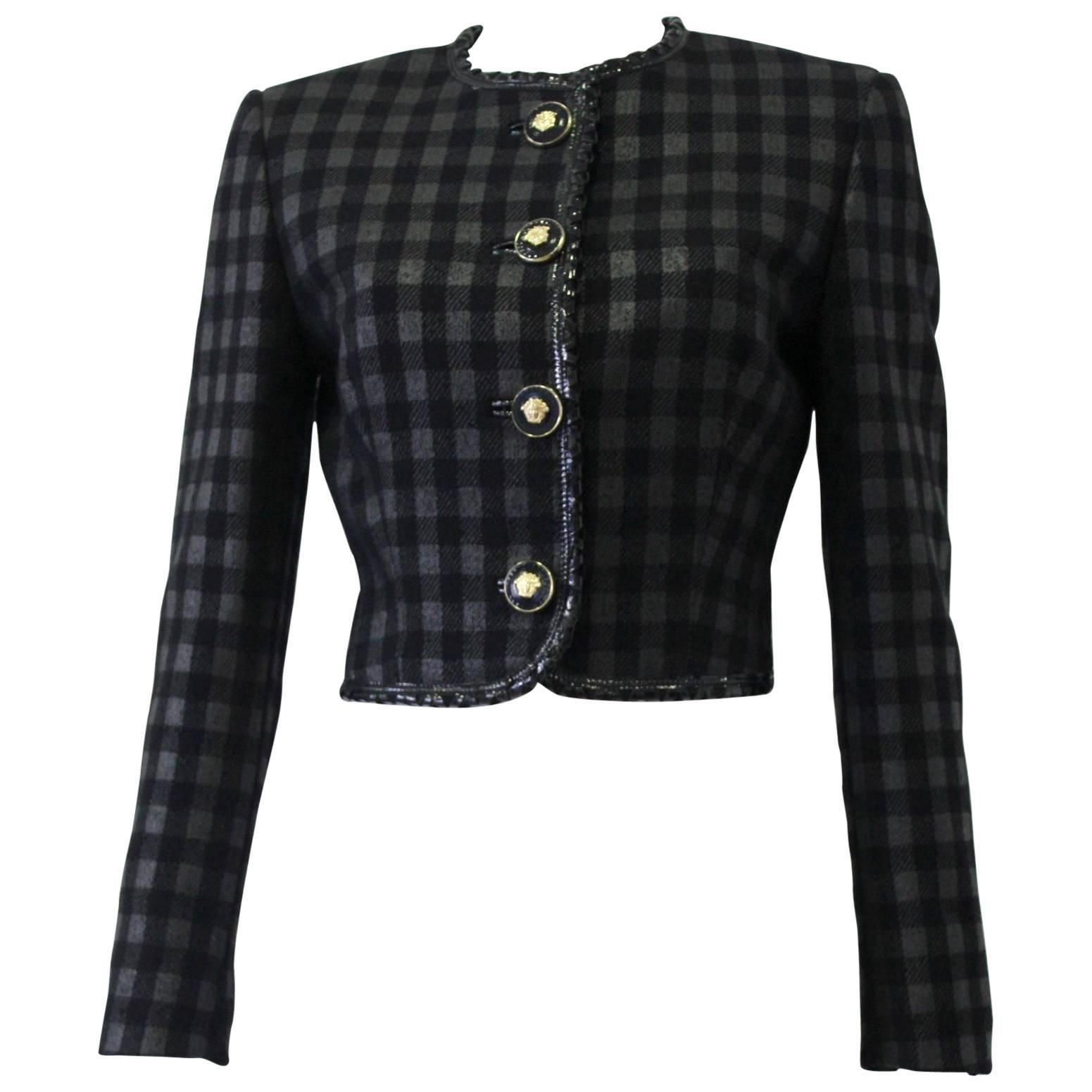 Rare Gianni Versace Couture Metallic Checked Jacket With Patent Leather 1995 For Sale