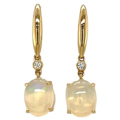 Oval Ethiopian Opal and Diamond Dangling Hoop Earrings in 14KY Gold 