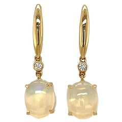 Oval Ethiopian Opal and Diamond Dangling Hoop Earrings in 14KY Gold