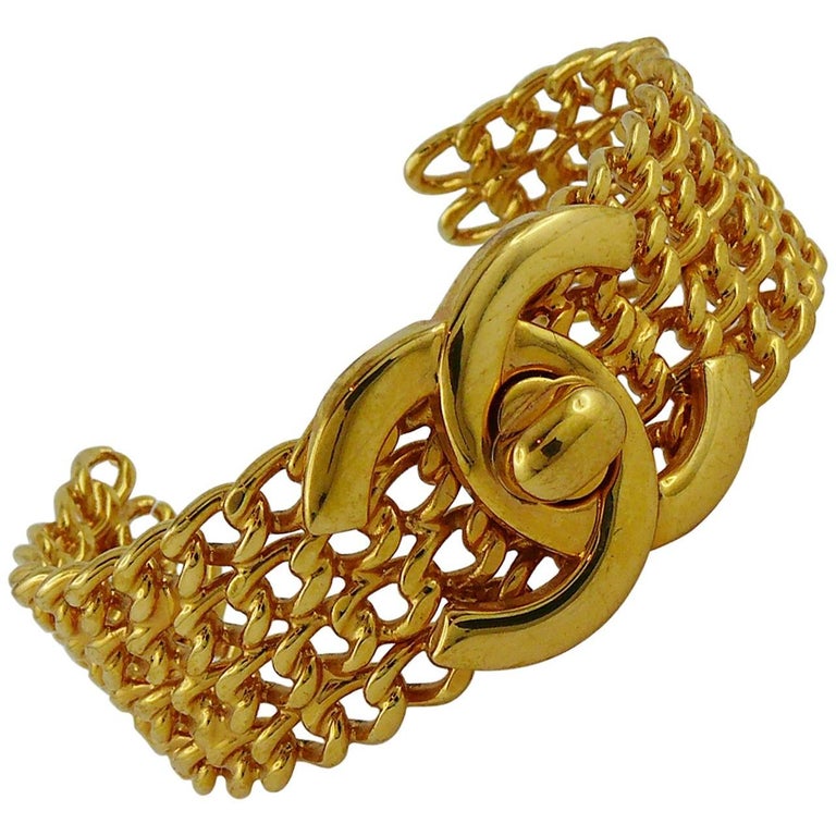 Chanel Vintage 1997 CC Turnlock and Chains Gold Toned Cuff Bracelet For  Sale at 1stDibs