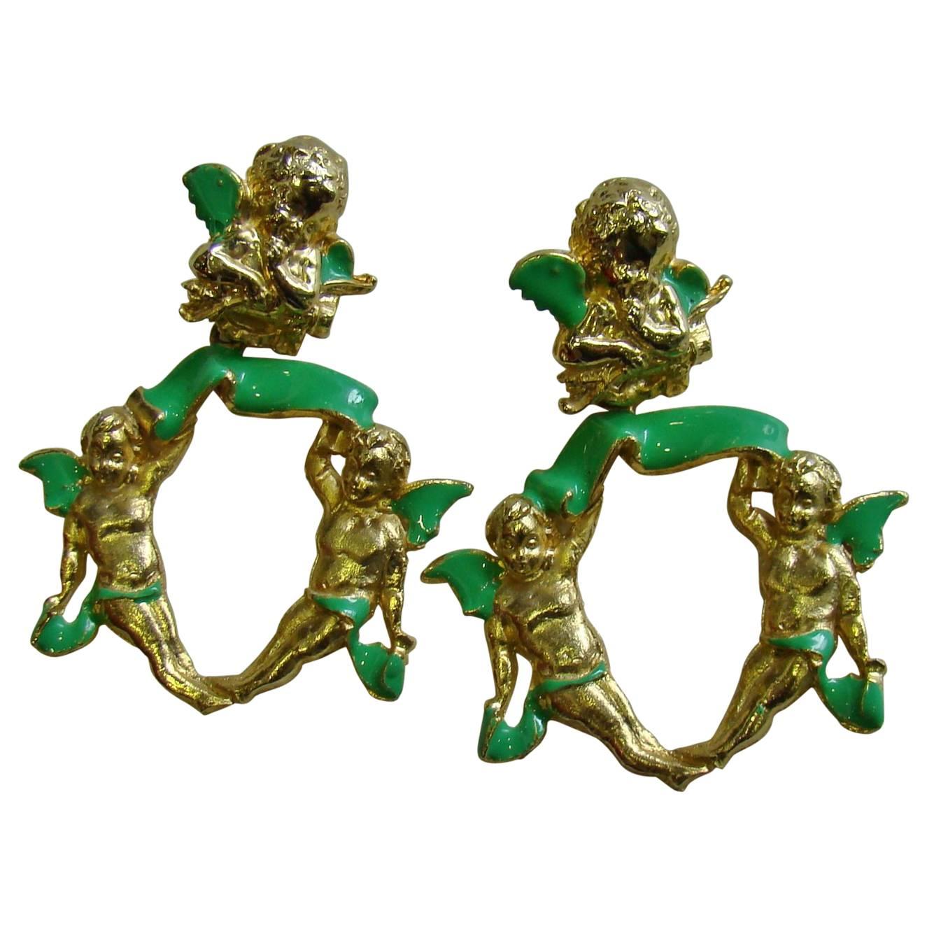 Very Rare Gianni Versace Ugo Correani Cherub Drop Earrings 1990 For Sale