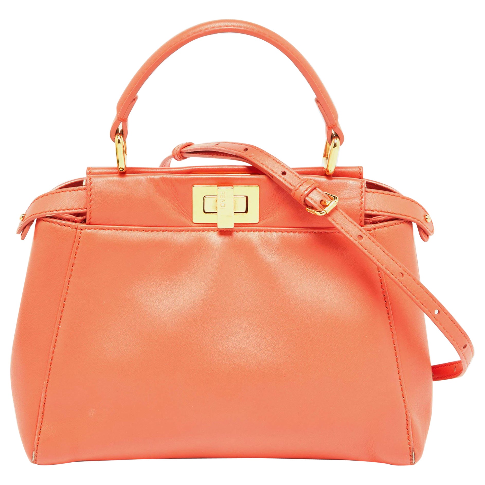 Fendi Orange Leather Mini Peekaboo Top Handle Bag For Sale