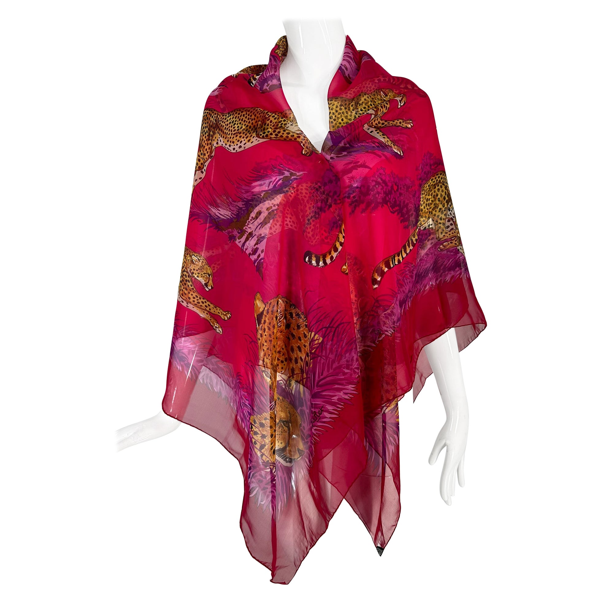 Hermes Guepards GM Silk Mousseline Chiffon Shawl  Designed by Robert Dallet 2007 For Sale