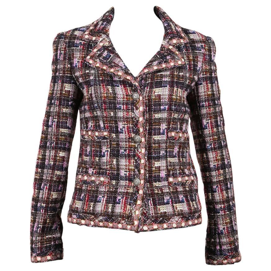 Chanel 05A Multicolor Checkered Wool Blend Tweed LS Buttoned Jacket SZ 34 For Sale