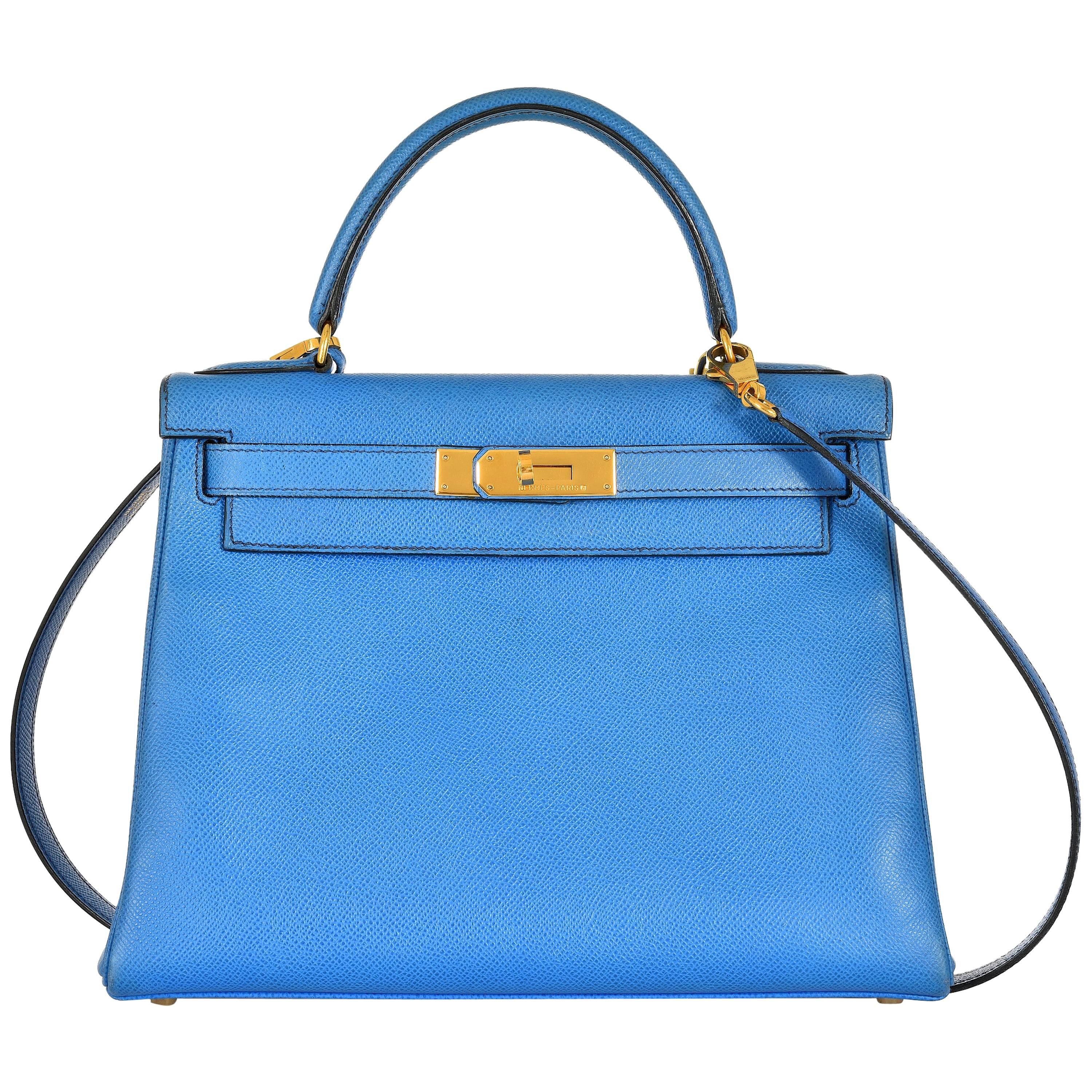 Hermes Kelly Bag 28cm with Gold hardware Stunning Blue France Courchevel leather For Sale