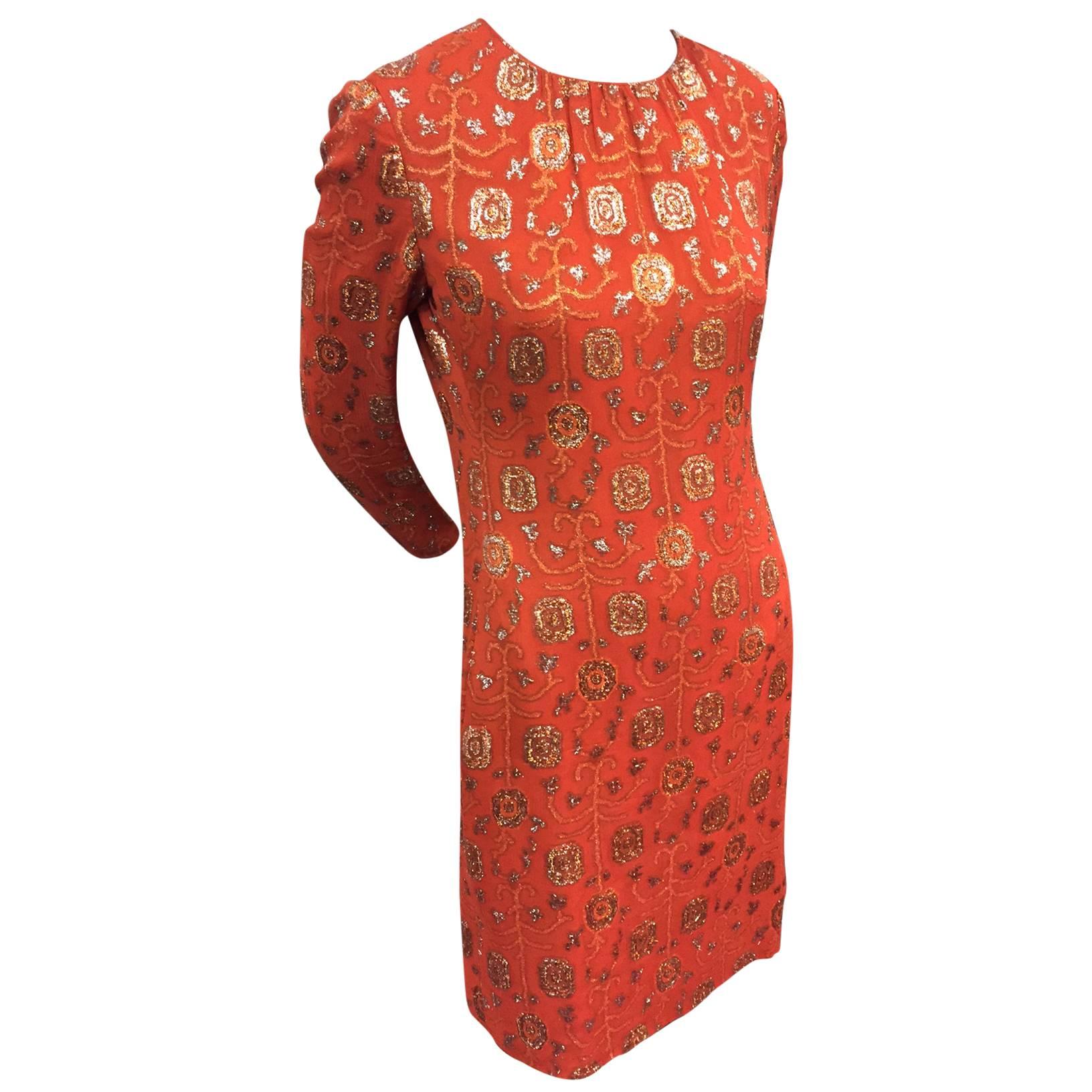 1960s I. Magnin Burnt Orange Lamé Brocade Shift Dress