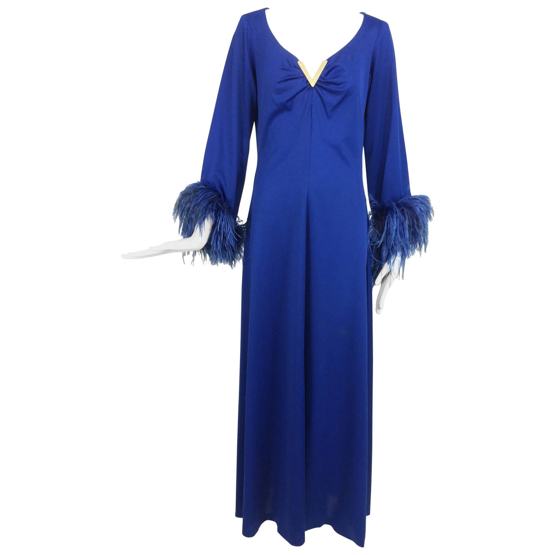 Electric blue feather trimmed Jewel plunge neck maxi dress 1970s size 8