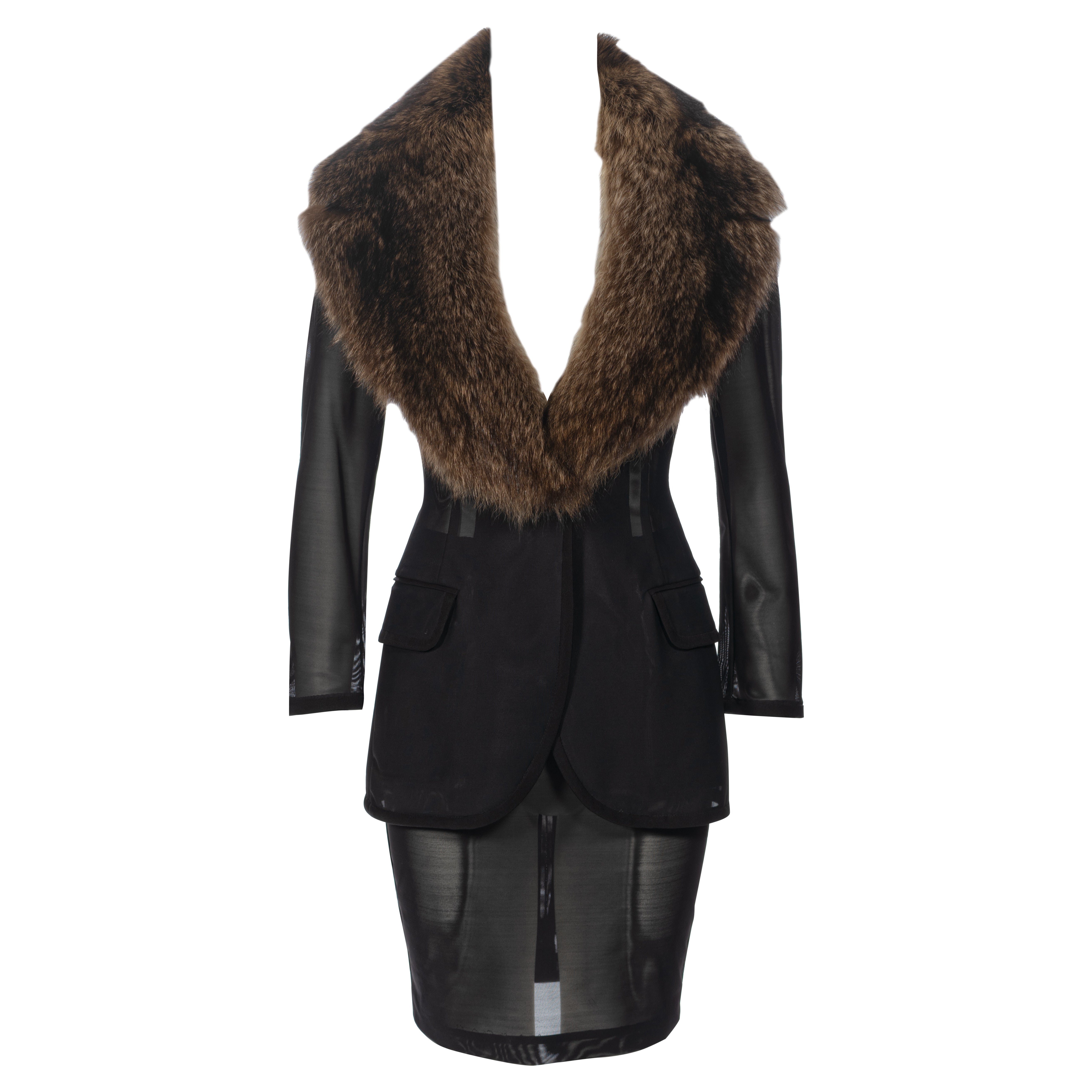 Dolce & Gabbana Black Power Net Skirt Suit with Fur Collar, fw 1995