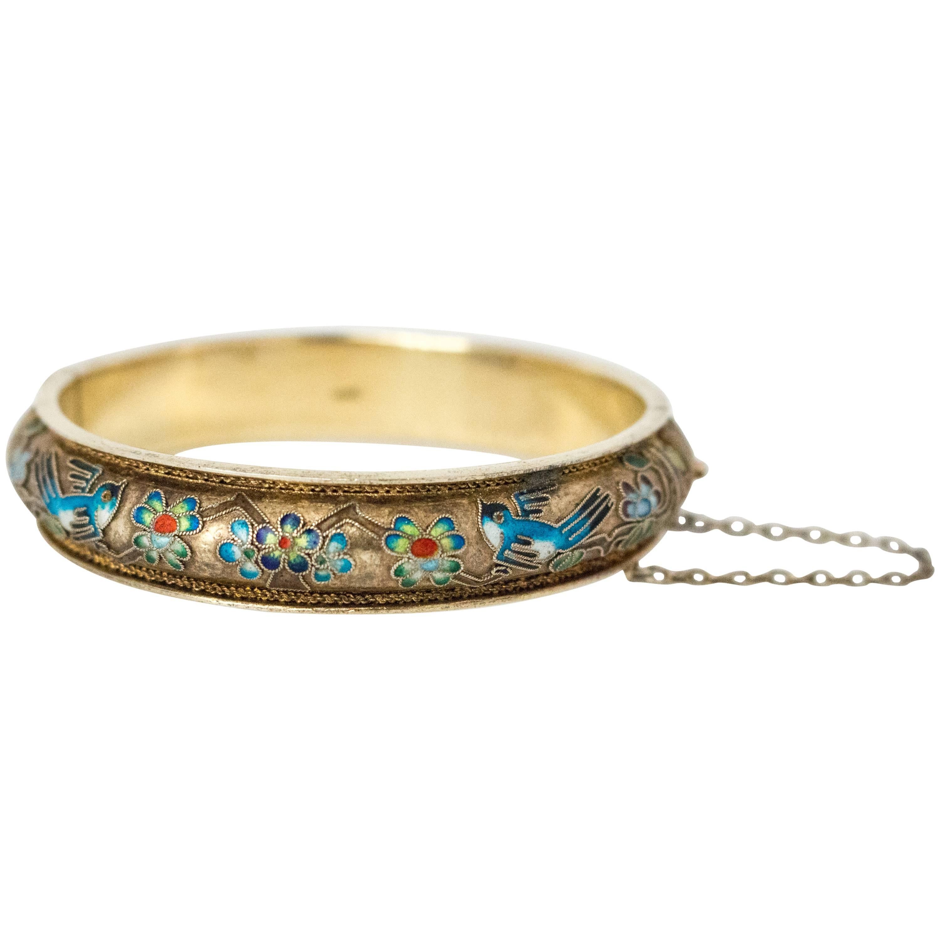 50s Champleve Silver Bangle with a Gold Wash, Enamel Blue Birds & Flowers