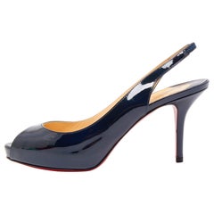 Christian Louboutin Navy Blue Patent Leather Private Number Peep Toe Slingback S