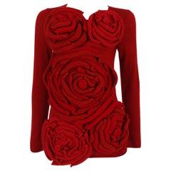 Retro Comme des Garcons red knitted sweater with rose appliqués, c. 2014